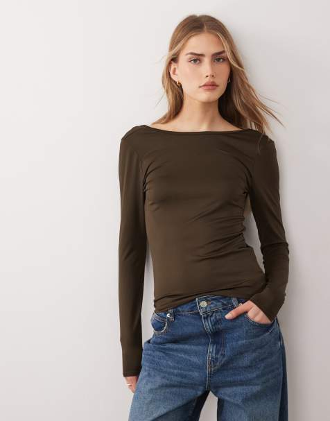 Threadbare - Top sinuoso a maniche lunghe marrone con scollo rotondo sul retro - view 1