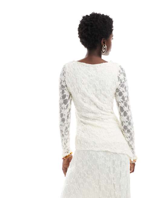 Threadbare - Top van kant met lange mouwen en asymmetrische zoom in ivoorwit, deel van co-ord set, 3 van 4