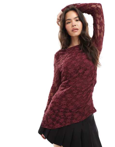 Threadbare - Top van kant met lange mouwen en asymmetrische zoom in vijg - view 1