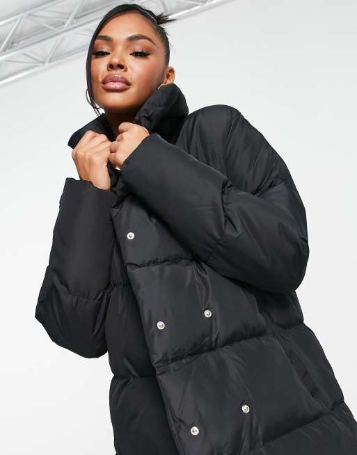 Threadbare Topaz double breasted puffer jacket with shawl neck in black