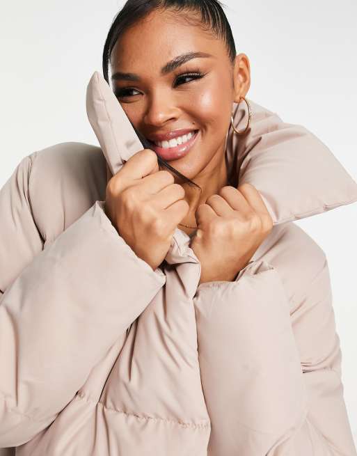 Threadbare Topaz double breasted puffer jacket with shawl neck in taupe, 3 of 4