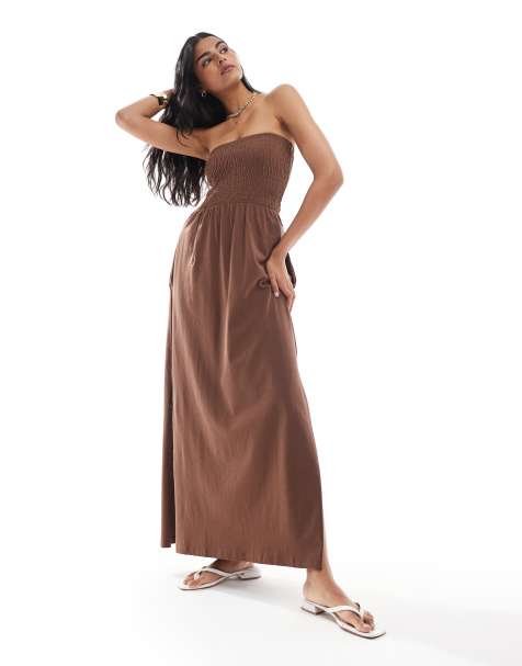 Threadbare – Trägerloses Maxikleid aus Jersey in Schokobraun - view 1
