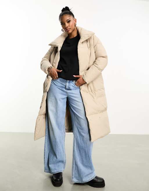 Threadbare – Treacle – Oversize-Steppmantel in Steinbeige mit Schalkragen