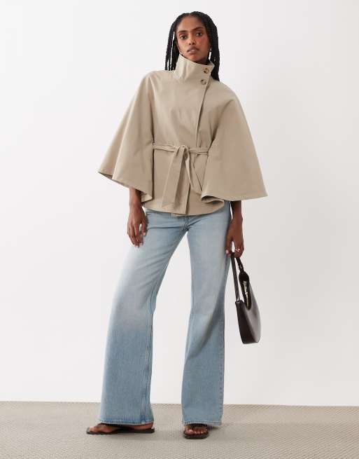 Threadbare - Trench corto a mantella color pietra con collo a imbuto e cintura, 1 di 4