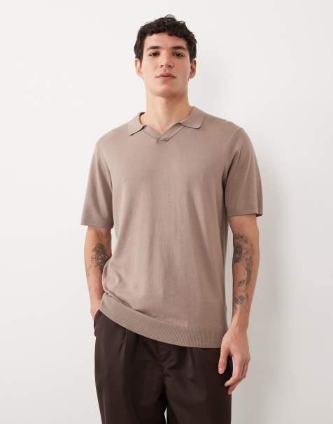 Threadbare trophy neck short sleeve knitted polo top in taupe