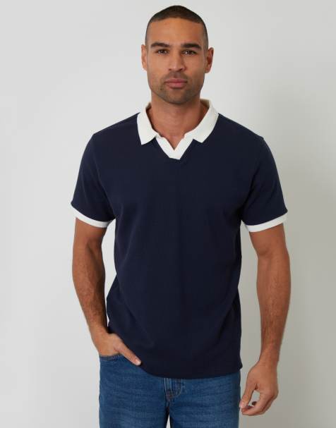 Threadbare Trophy neck waffle polo shirt in navy