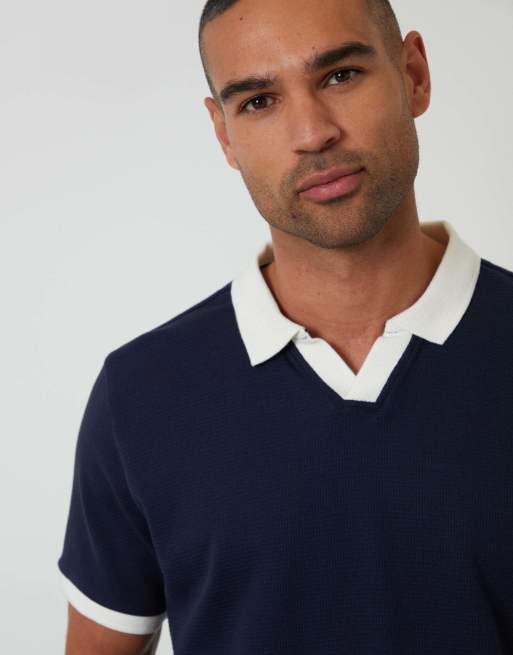 Threadbare Trophy neck waffle polo shirt in navy, 3 of 5