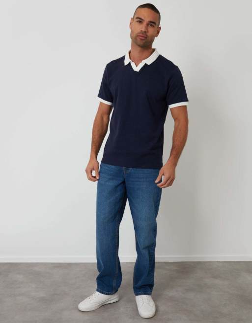 Threadbare Trophy neck waffle polo shirt in navy, 4 of 5