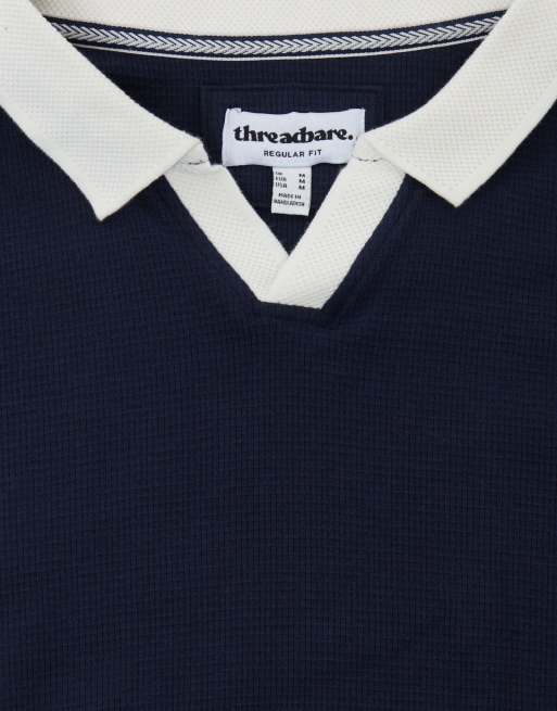 Threadbare Trophy neck waffle polo shirt in navy, 5 of 5