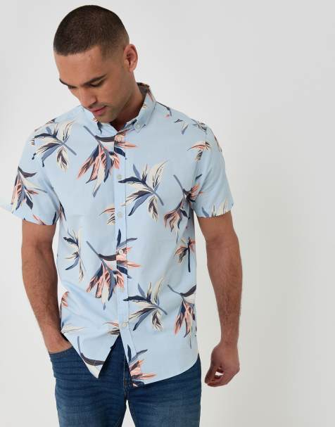 Threadbare Tropical leaf print cotton short sleeve shirt in pale blue - view 1