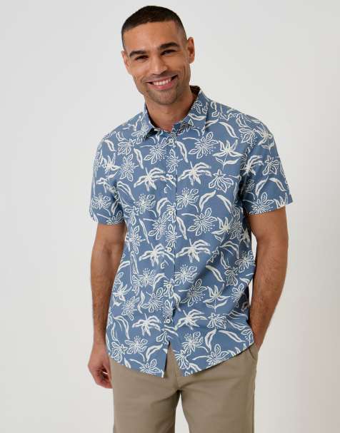 Threadbare Tropical print cotton short sleeve shirt in blue - view 1