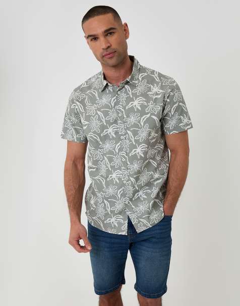 Threadbare Tropical print cotton short sleeve shirt in pale green - view 1