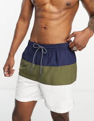 Threadbare tudor block stripe swim short in khaki white midnight-Navy