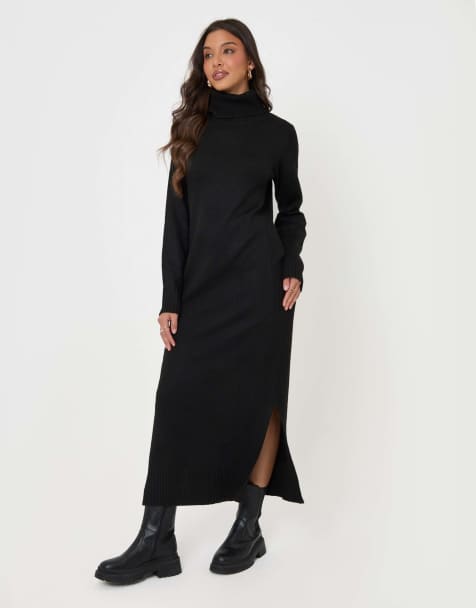 Threadbare Turtle neck maxi jumper dress in black - view 1