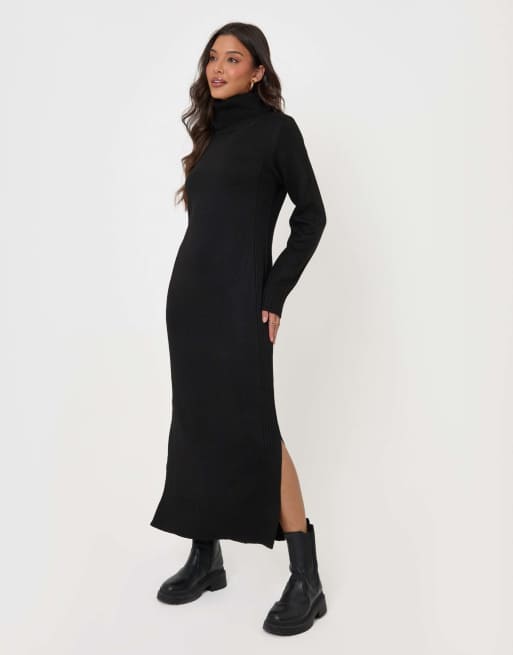Threadbare Turtle neck maxi jumper dress in black, 2 of 5