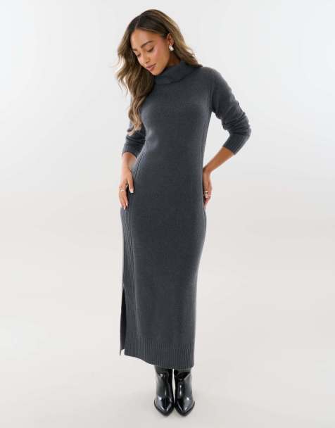 Threadbare Turtle neck maxi jumper dress in charcoal grey