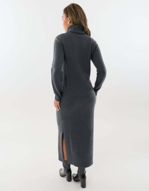 Threadbare Turtle neck maxi jumper dress in charcoal grey, 2 of 4