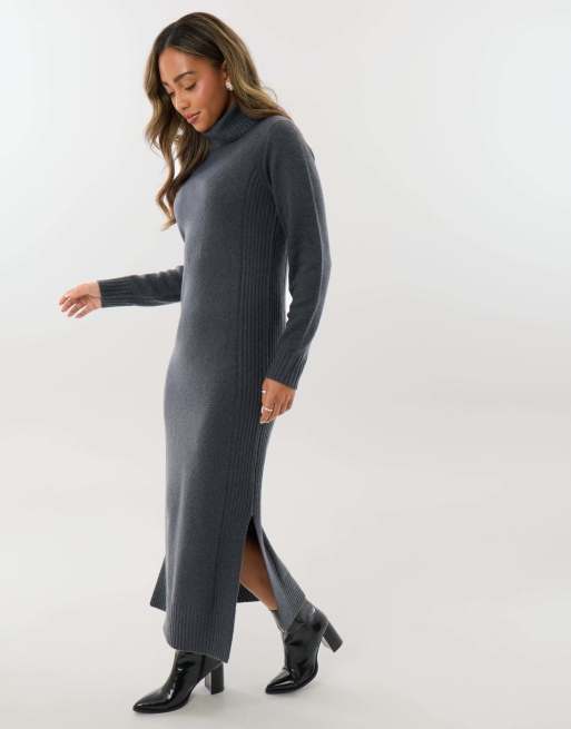 Threadbare Turtle neck maxi jumper dress in charcoal grey, 4 of 4