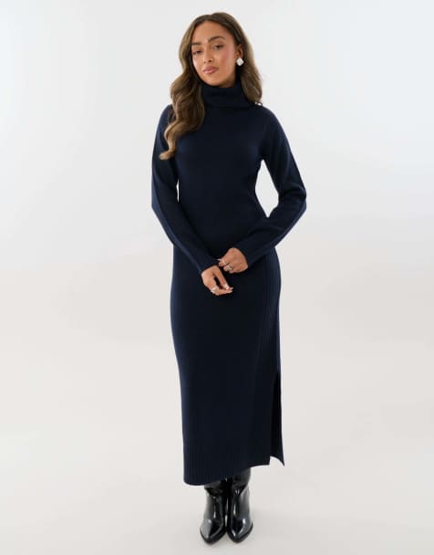 Threadbare Turtle neck maxi jumper dress in navy