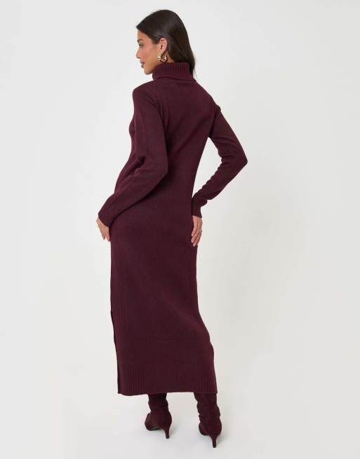 Threadbare Turtle neck maxi jumper dress in plum, 2 of 5