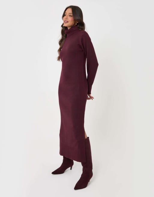 Threadbare Turtle neck maxi jumper dress in plum, 4 of 5