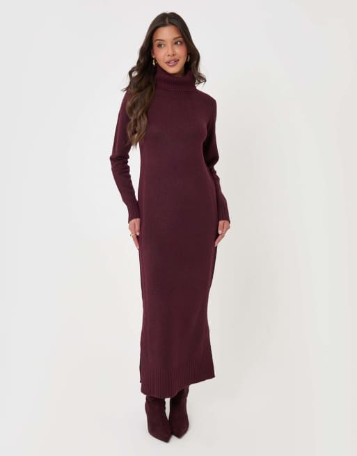 Threadbare Turtle neck maxi jumper dress in plum, 5 of 5