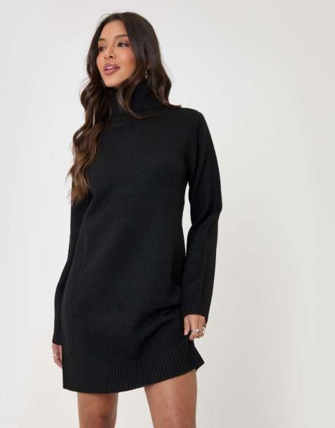 Threadbare Turtle neck mini jumper dress in black - view 1