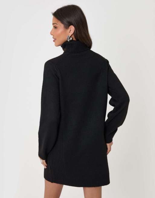 Threadbare Turtle neck mini jumper dress in black, 2 of 5