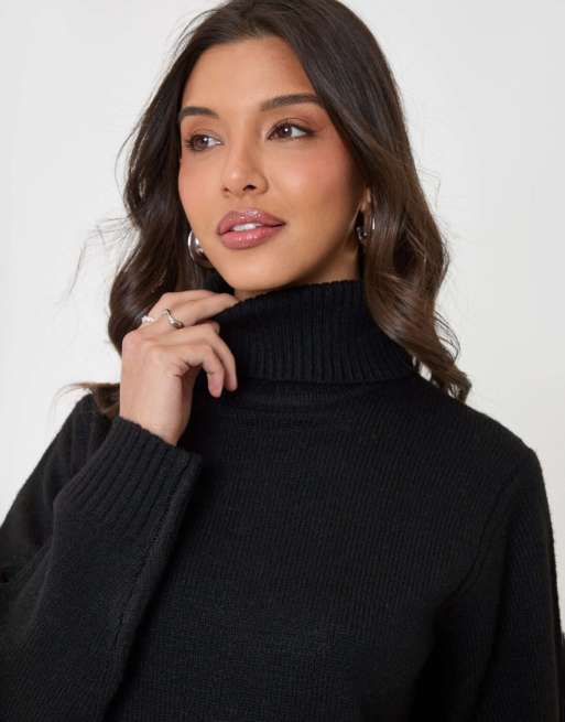 Threadbare Turtle neck mini jumper dress in black, 3 of 5
