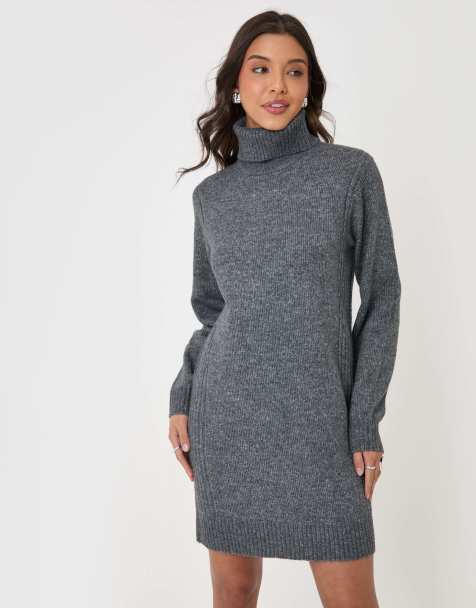 Threadbare Turtle neck mini jumper dress in charcoal grey - view 1
