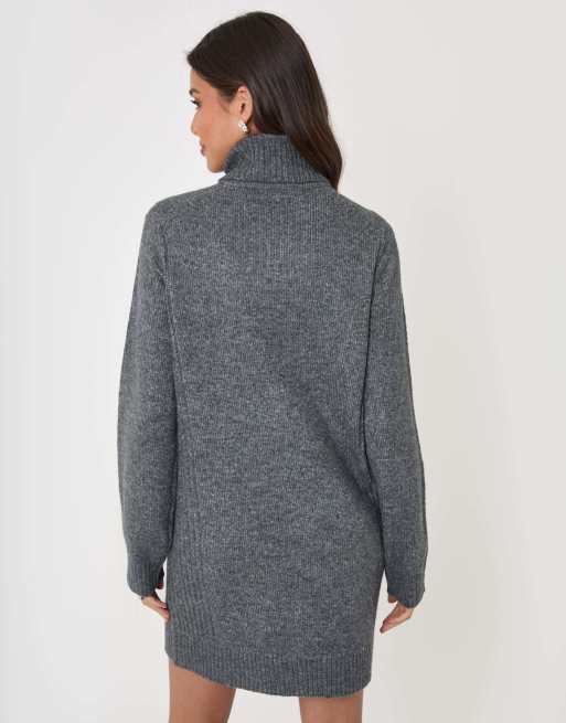 Threadbare Turtle neck mini jumper dress in charcoal grey, 2 of 5