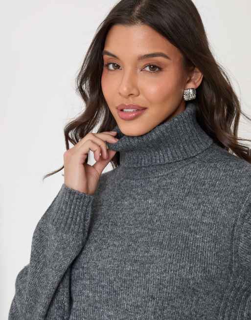 Threadbare Turtle neck mini jumper dress in charcoal grey, 3 of 5