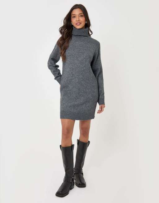 Threadbare Turtle neck mini jumper dress in charcoal grey, 4 of 5