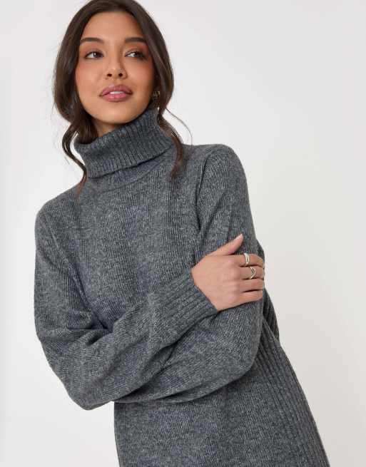 Threadbare Turtle neck mini jumper dress in charcoal grey, 5 of 5