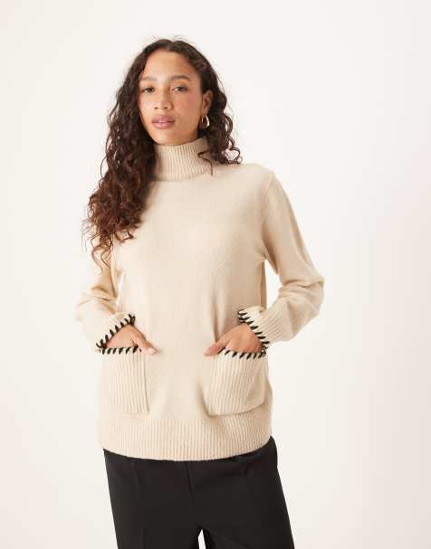 Threadbare turtleneck jumper with pocket front detail and contrast stitching in ecru - view 1