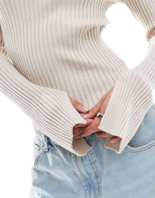 Threadbare turtleneck ribbed sweater with split sleeve in off white