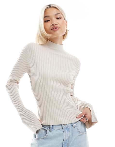 Threadbare turtleneck ribbed sweater with split sleeve in off white - view 1