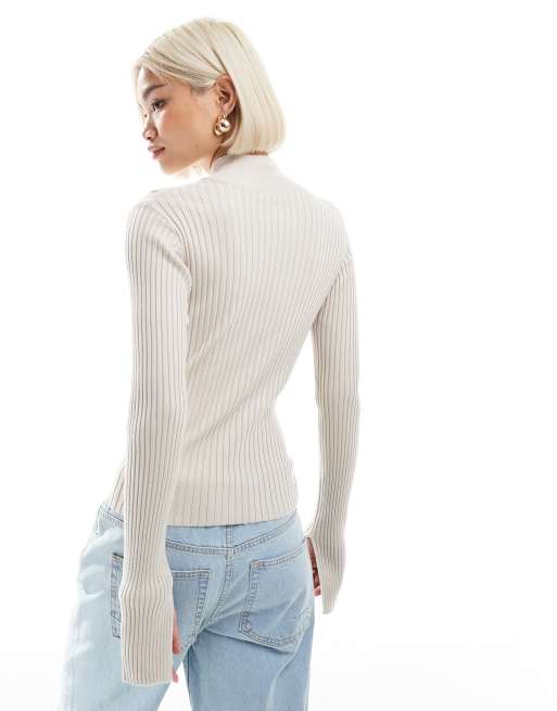 トップス THEREDTHREAD rib zip bare tops ivory Threadbare turtleneck ribbed sweater with split sleeve in off