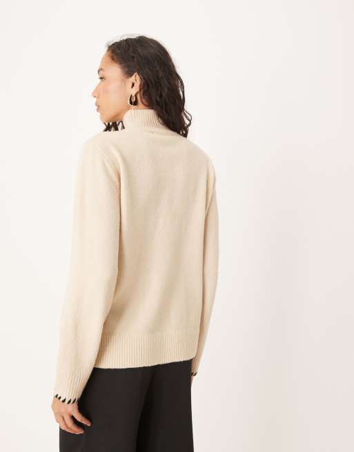 Threadbare turtleneck sweater with pocket front detail and contrast stitching in ecru, 3 of 4