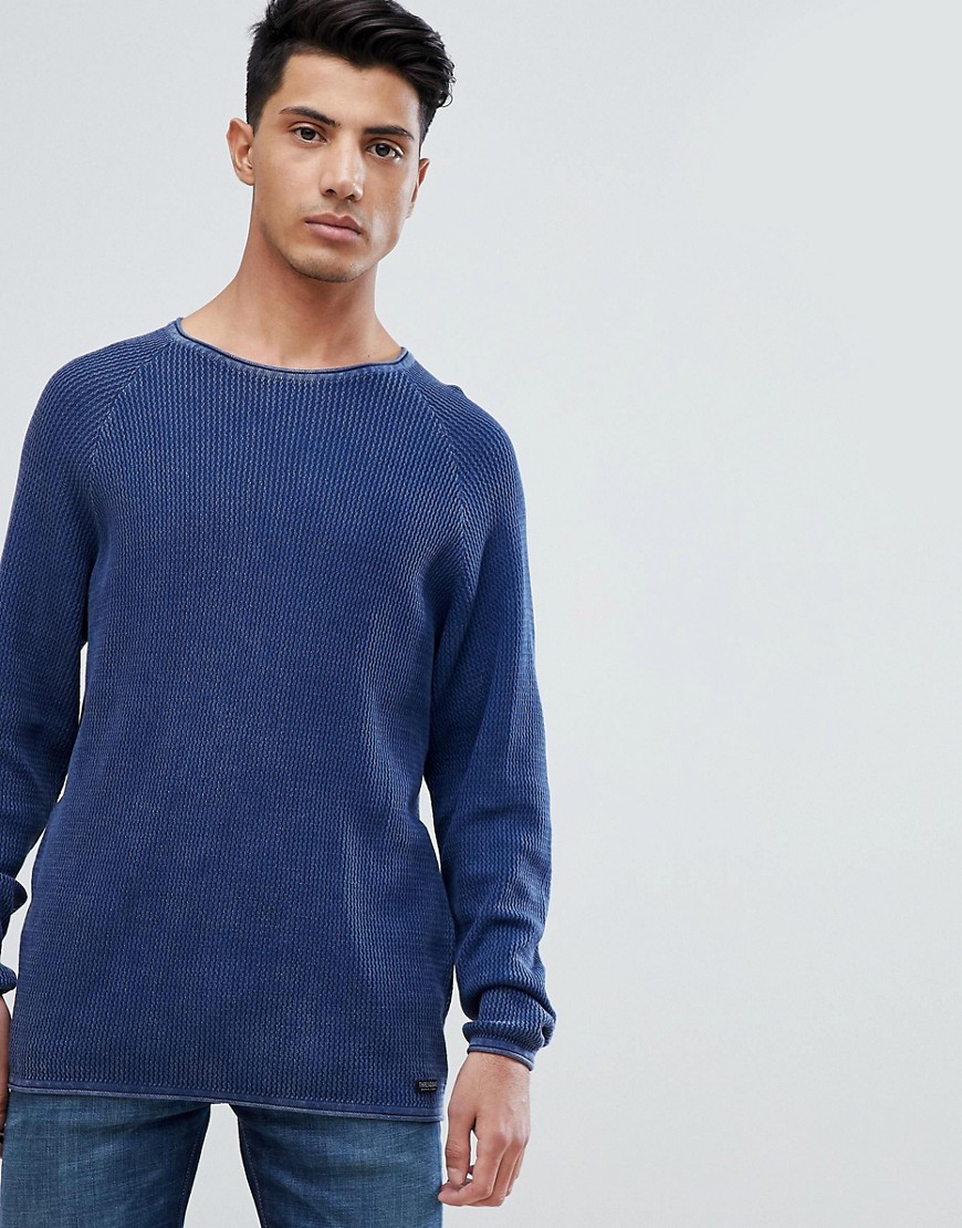 Threadbare – Tvättad blekt våffelmönstrad tröja-Marinblå