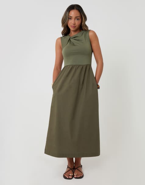 Threadbare Twist detail 2-in-1 midi dress with poplin skirt in khaki - view 1