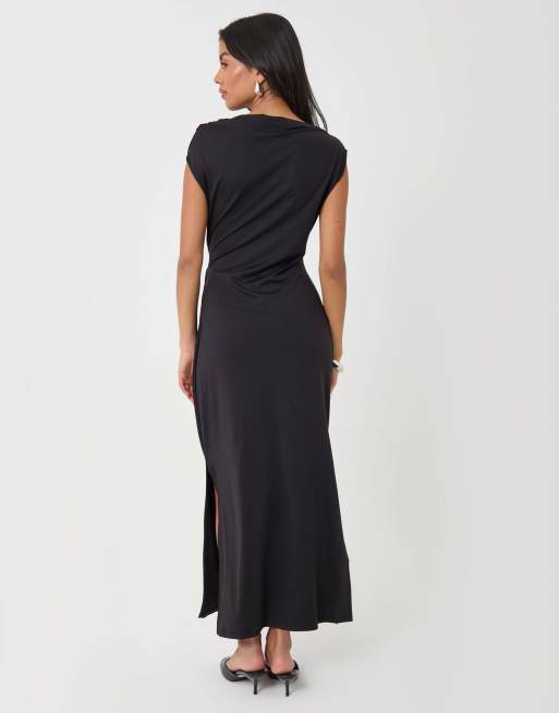 Threadbare Twist detail slash neck maxi dress in black, 2 of 5