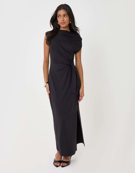 Threadbare Twist detail slash neck maxi dress in black, 4 of 5