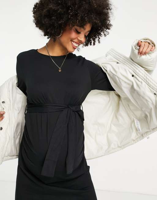 Threadbare – Umstandsmode – Langärmeliges Midikleid mit Bindegürtel in Schwarz, 3 von 4