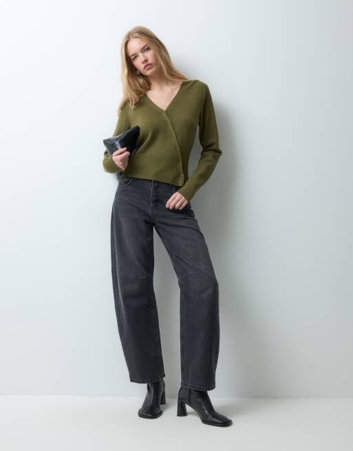 Threadbare v neck asymmetric jumper in khaki, 2 of 5