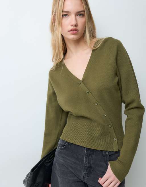 Threadbare v neck asymmetric jumper in khaki, 4 of 5