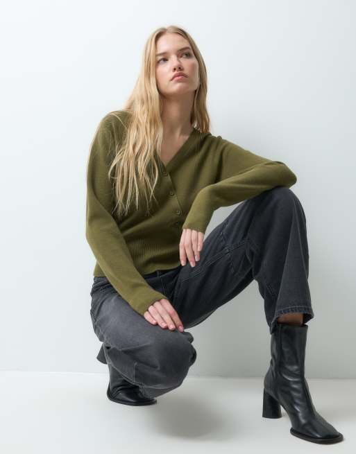 Threadbare v neck asymmetric jumper in khaki, 5 of 5