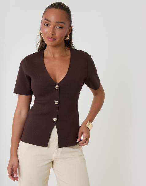 Threadbare V-neck compact knitted top in chocolate - view 1