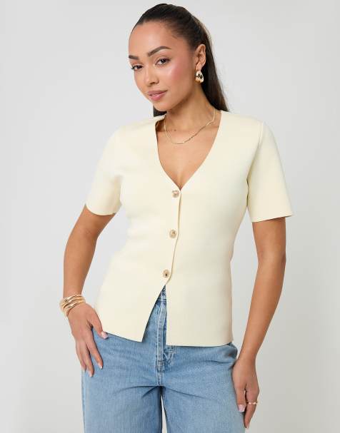 Threadbare V-neck compact knitted top in lemon