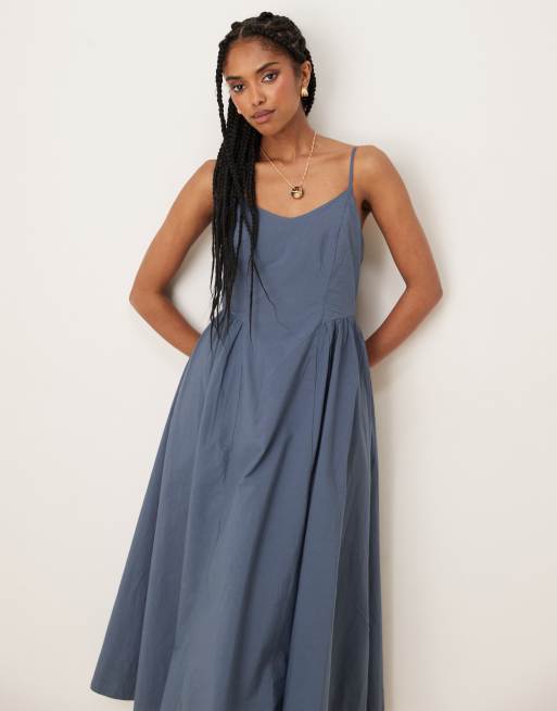 Threadbare v-neck cotton midi dress with drop waist in blue